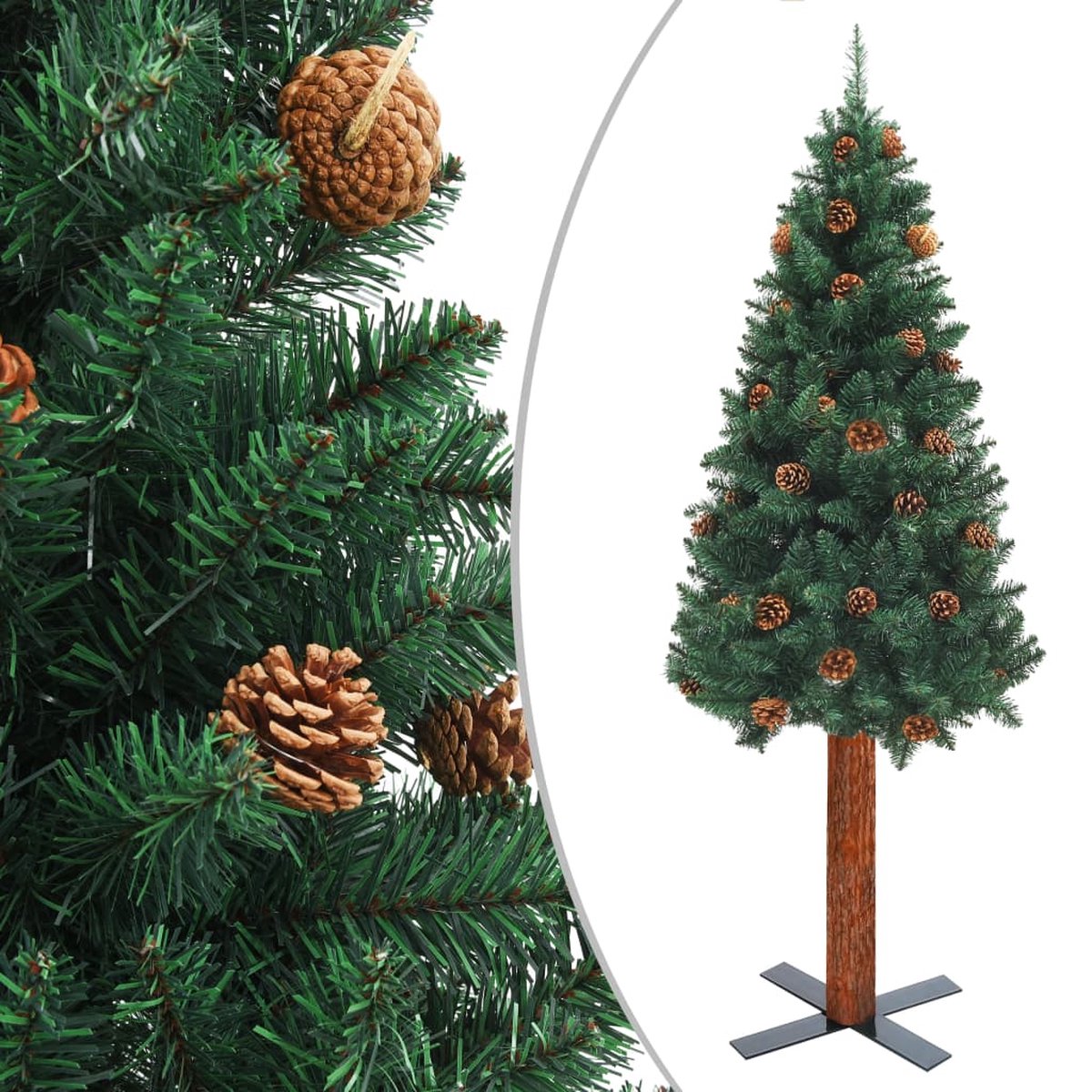Prolenta Premium - Kerstboom met echt hout en dennenappels smal 180 cm PVC groen