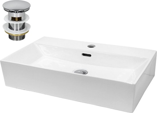 Lavabo rectangulaire blanc avec trou de robinet et drain, avec drain chromé assorti.