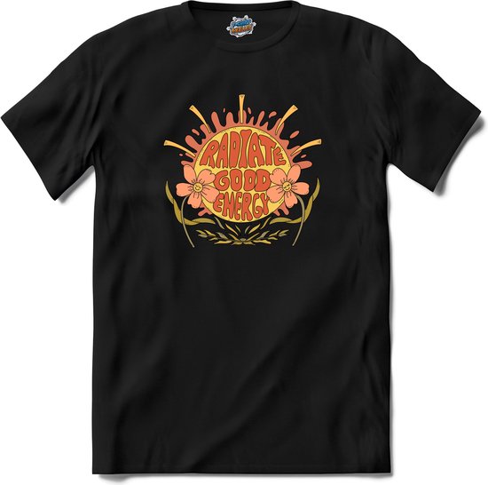 Foto: Flower power radiate good energy vintage aesthetic t shirt dames zwart maat m