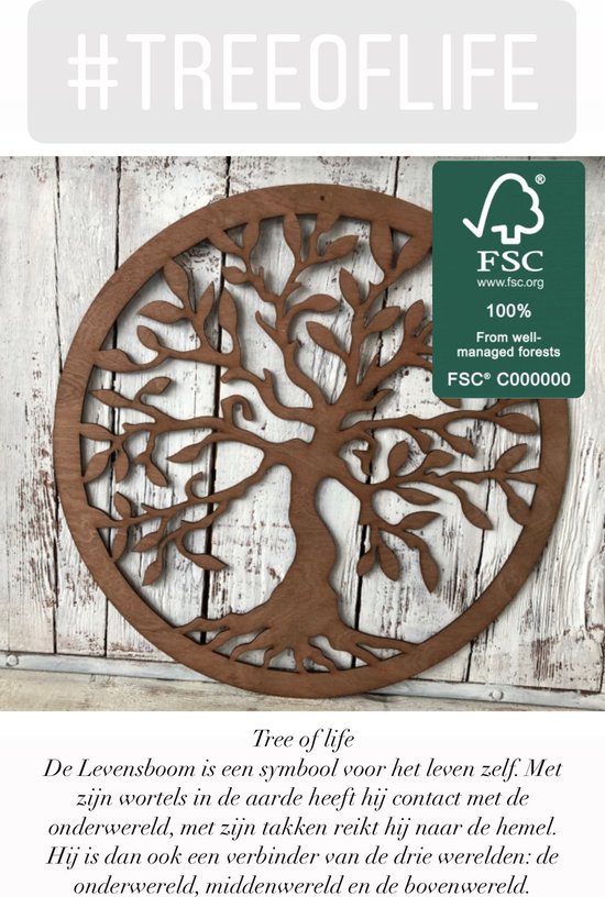 Décoration murale ronde en bois marron avec un motif d'arbre de vie. Comprend un logo FSC.