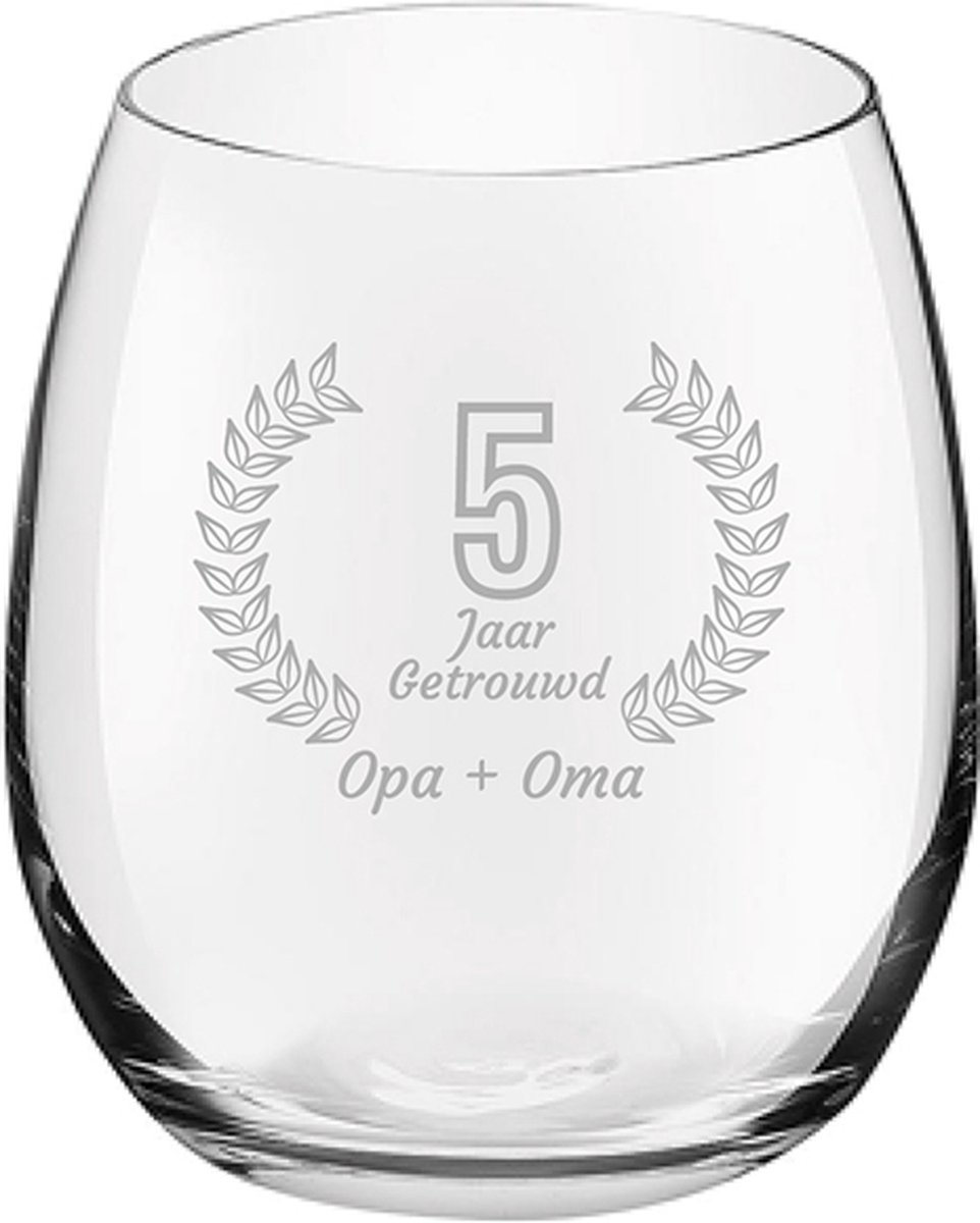 Gegraveerde Drinkglas 39cl Opa + Oma 5 jaar getrouwd