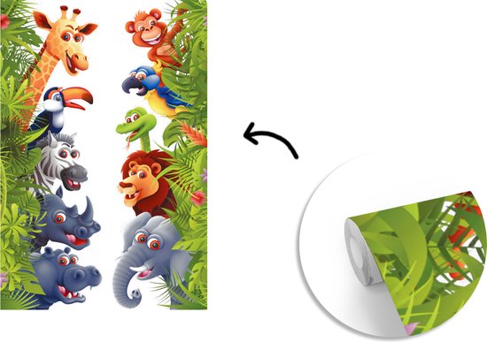 Behang babykamer - Fotobehang Jungle - Dieren - Jongens - Meisjes - Giraf - Olifant - Kids - Breedte 160 cm x hoogte 240 cm