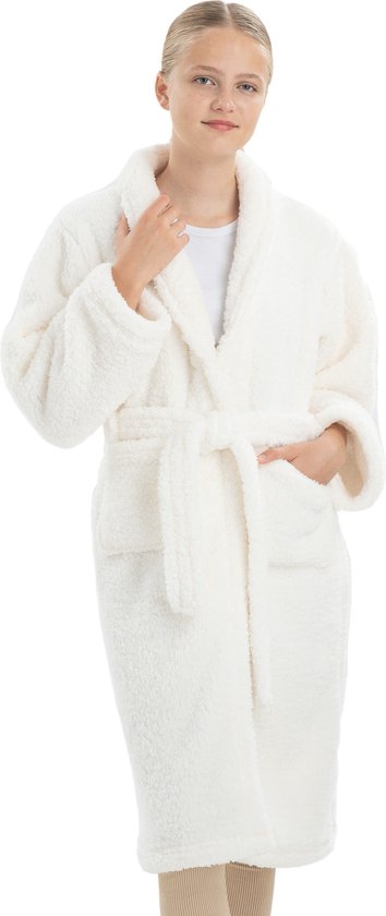 HOMELEVEL zijdezachte badjas voor kinderen - Kinderbadjas sherpa fleece - Voor jongens en meisjes - Crèmekleurig - Maat 134/140