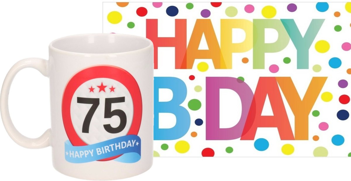 Verjaardag cadeau mok/beker 75 jaar print 300 ml + A5-size wenskaart Happy Birthday