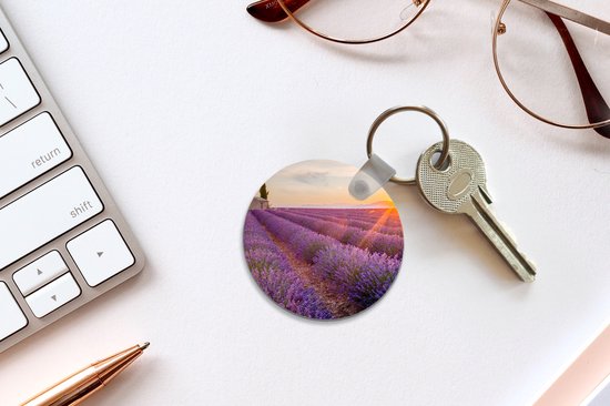 Porte-clés - Lavande - Coucher de soleil - Fleurs - Violet - Plastique - Rond - Cadeaux à distribuer