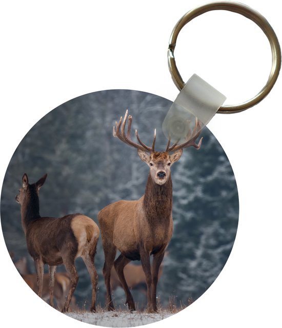 Sleutelhanger - Bosdieren - Hert - Landschap - Winter - Sneeuw - Natuur - Plastic - Rond - Uitdeelcadeautjes