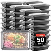 Buxibo - 50 Meal Prep Bakjes - Salade/Lunch Box - Diepvriesbakjes - Vershoudbakjes - Plastic Bakjes Met Deksel - Vershouddoos - Magnetron Vaatwasser Bestendig - 24 oz/0.7 Liter Inhoud - Herbruikbaar - Kunststof - BPA vrij - Zwart