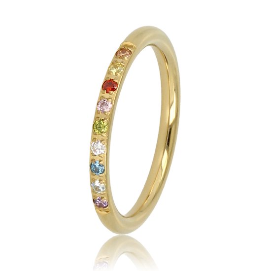 My Bendel ring goudkleurig met mooie gekleurde zirkonia steen - Edelstalen aanschuifring met zirkonia steentjes voor stralende look - Met luxe cadeauverpakking