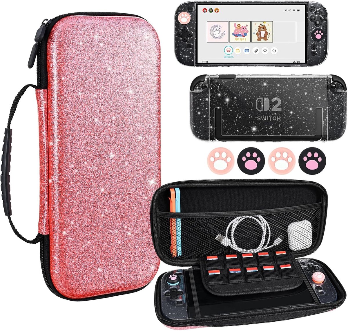 DLseego Carrying Case Compatible with Switch 2, Glitter Portable Travel Cases Slim Hard Game Case, Large Capacity - ShopVlot