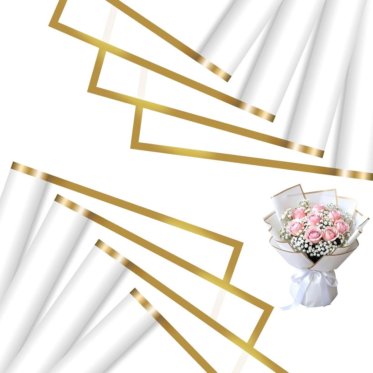 Waterproof Bloemenpapier voor Cadeaus - 20 Vellen 56x56cm met Gouden Rand, Perfect voor Valentijnsdag, Verjaardagen en Afstuderen