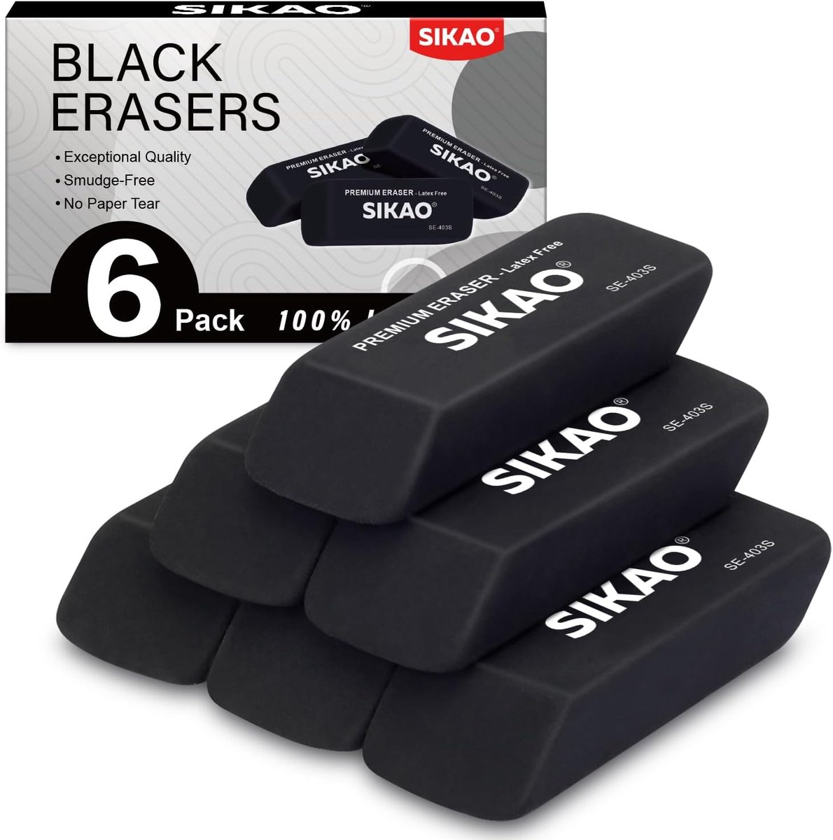 Black Erasers 6 Pack Pencil Erasers for Kids, Black Bevel Eraser Latex Free - ShopVlot