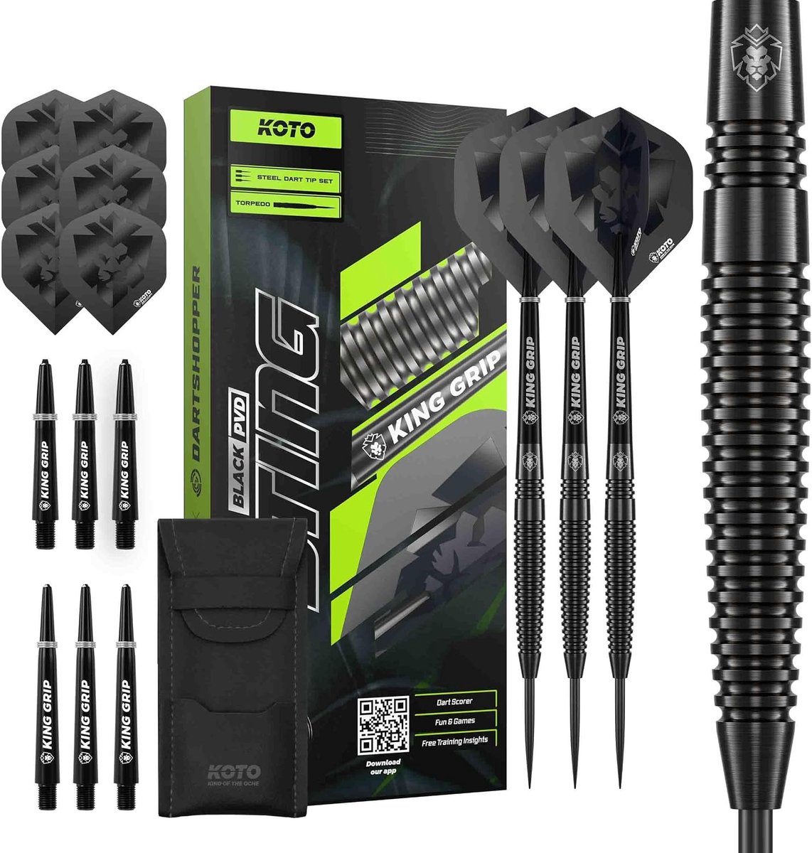 KOTO – Sting Black Torpedo 90% Tungsten Dart Arrows, 26 g, Black, With Extra Flights and Shafts, Steel Doctor - ShopVlot