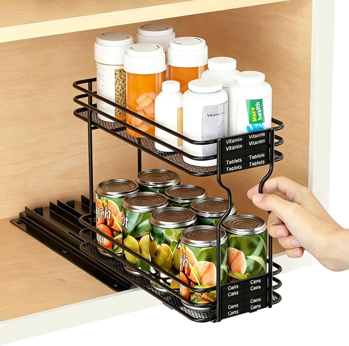 SnelShoppen - Spice Rack Pull-out met 2 Planken - Kruidenset Organizer - Ruimtebesparende Keukenoplossing - Zwart - Voor Keuken Kast en Pantry - Compa