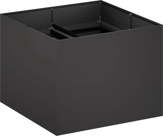 Strakke, vierkante zwarte plantenbak van koudgewalst staal, gezien in perspectief.
