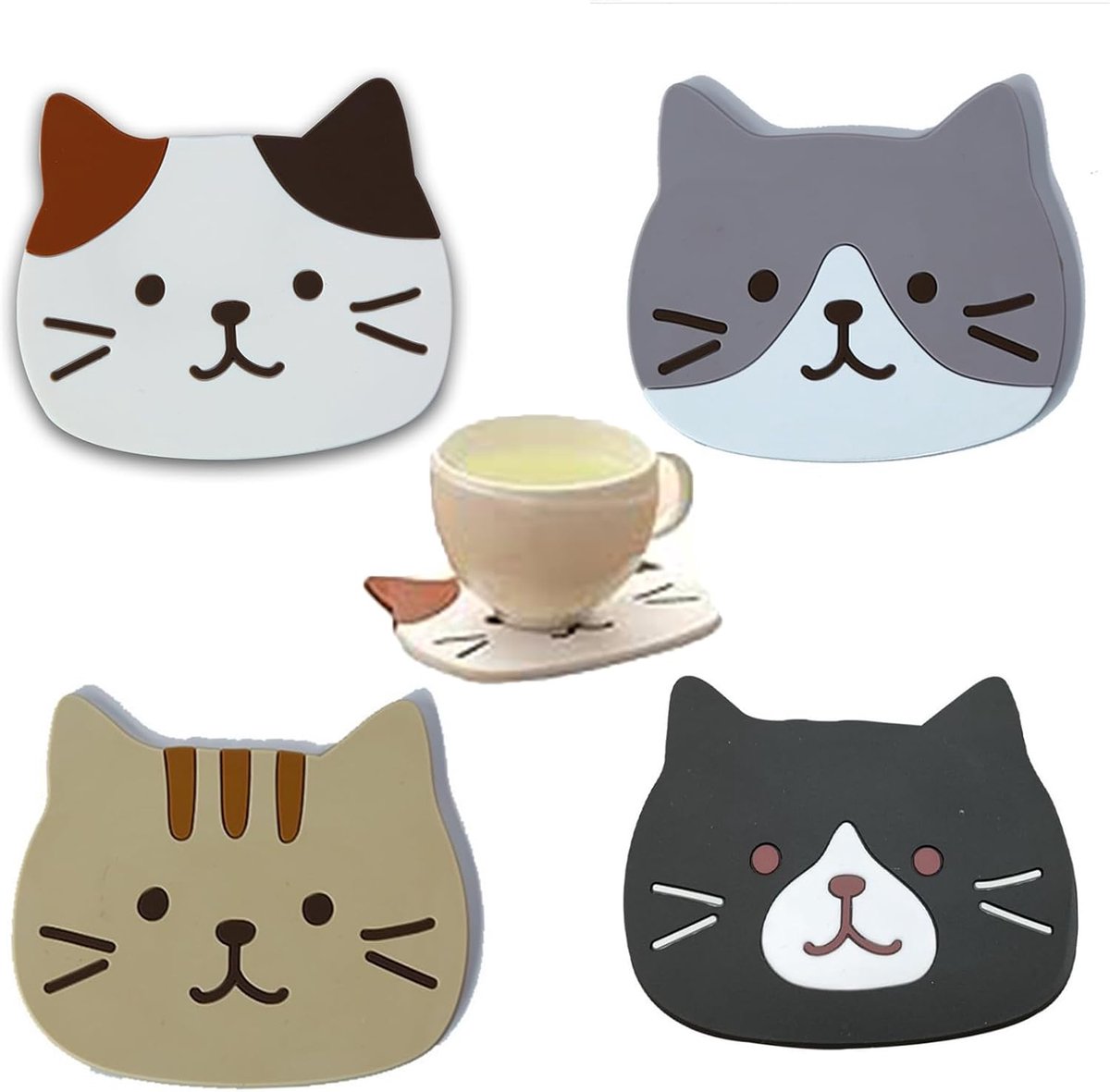 4pcs Silicone Cat Coasters, Cute Cartoon Cat Cup, Rubber Mat, Decorative Glass Cup Pads, Wine, Glass, Tea Cup and - ShopVlot