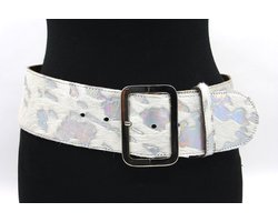 Dames riem wit hair-on met zilver - 8 cm breed - Leer - Brede riem - Fashion statement - Maat 90