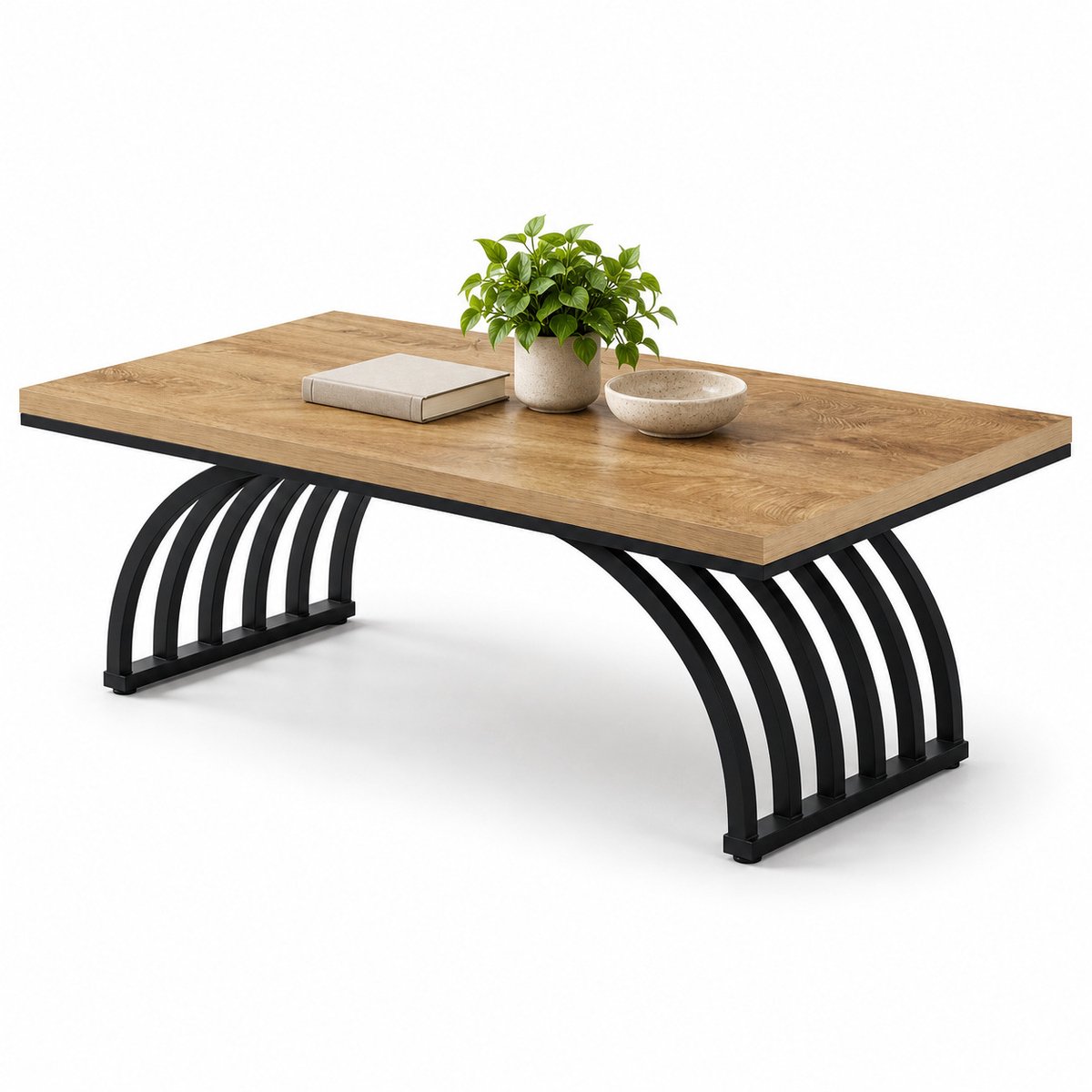 DMG Supply rechthoekige salontafel met gebogen metalen onderstel, 120 x 60 x 45 cm, lichtbruin en zwart