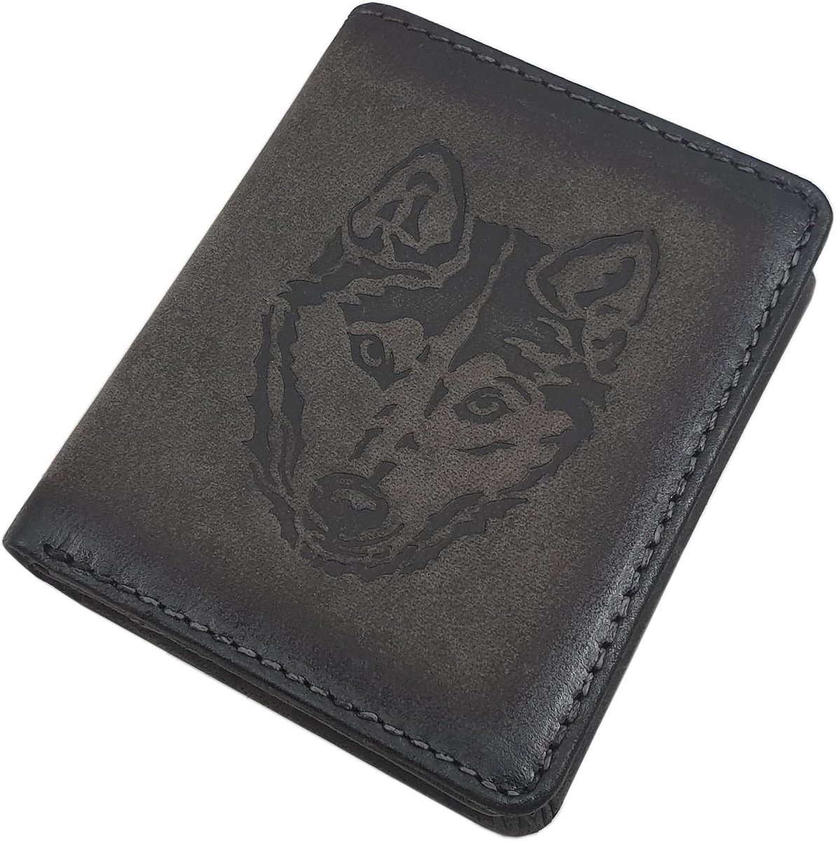 myledershop Small real buffalo wallet / wallet / wallet / wallet in portrait format with Husky motif and RFID and NFC - ShopVlot