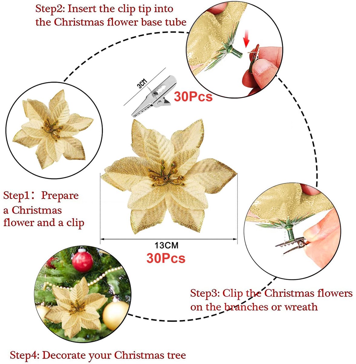 30 stuks kerstdecoratie bloemen, bloem voor kerstversiering, sneeuwvlokken decoratie, kerstbomen, kunstmatige - ShopVlot