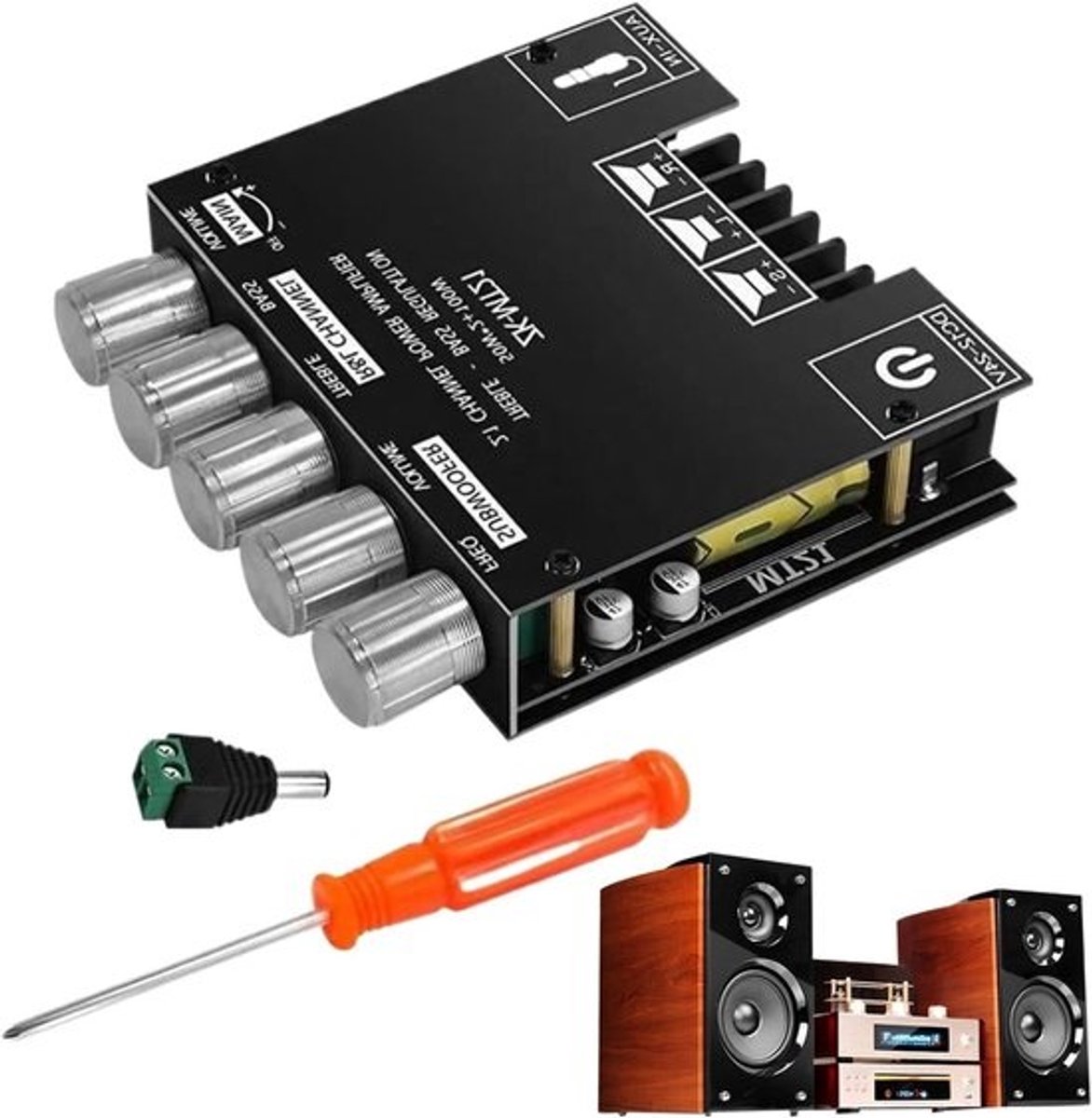 Audioversterkermodule - Stereocircuit - Voor het bouwen van een muzieksysteem - Bas- en trebleaanpassing - 2.1 kanalen - Groen