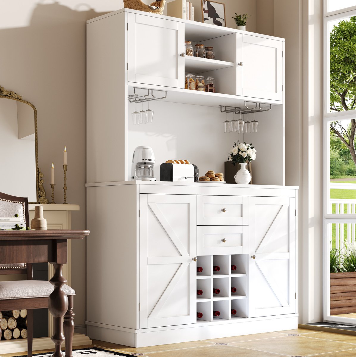 WUVRIE Keukenkast 120 x 40 x 188 cm - 4 deuren, 2 lades en wijnrek - Wit