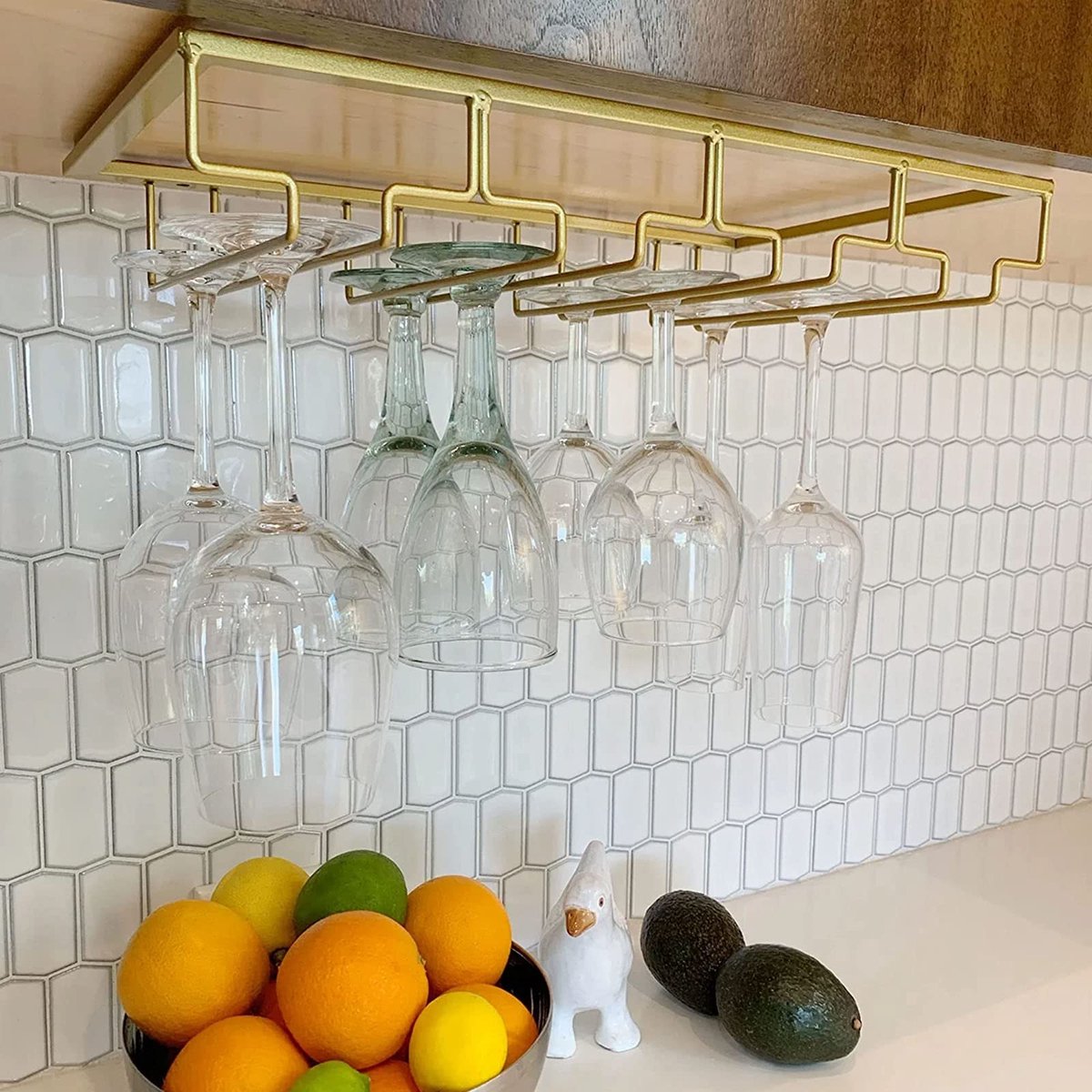 SnelShoppen - Hangende Wijnglashouder Goud - Viervoudig Stemware Rekken voor Kast - 40 x 22,5 cm - Ideaal voor Thuis, Restaurant, Hotel en Bar
