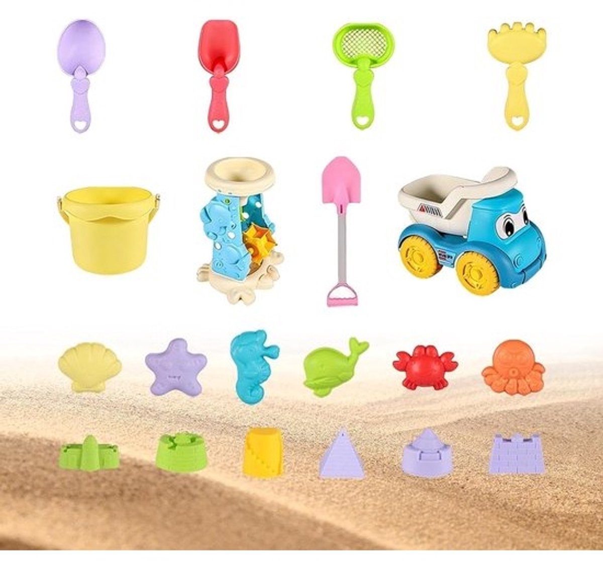 Zandbakbouwpakket - Strandspeelgoedset - Buitenspelen - Veelzijdige speelervaring - 20-delig - Felgekleurd