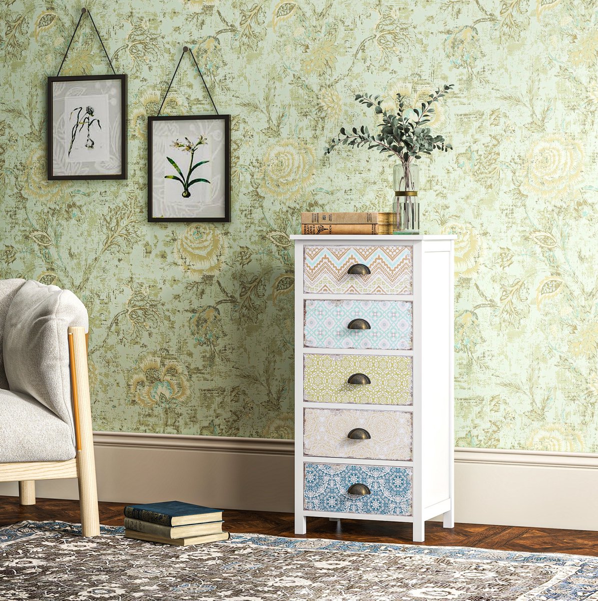 WUVRIE Ladekast 46x34x97,5 cm - 5 lades in shabbychicstijl - Meerkleurig Multicolor