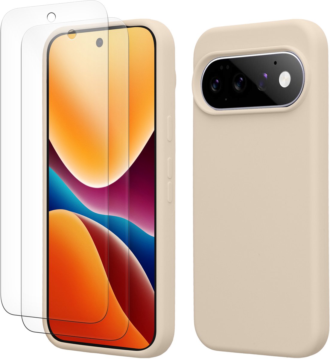 kwmobile hoes met 2x screenprotectors voor Google Pixel 11 Pro XL – screenprotector van gehard glas – draadloos opladen – mat crème