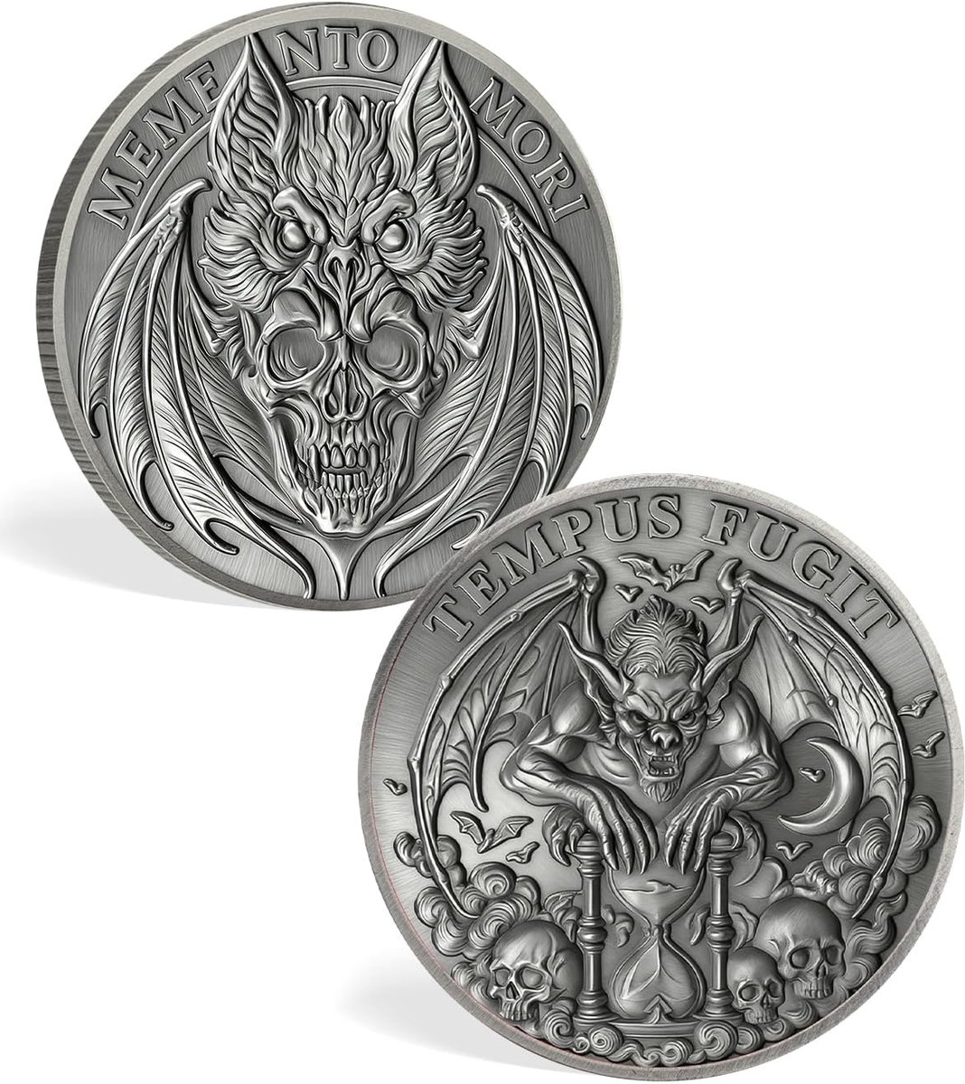 Mori Coin - Eternal Passage Memento Vivere munt met vleermuis schedel zandloper ontwerp - Stoïcijnse EDC-uitdagingsmunt voor dagelijkse praktijk - Geniet vandaag motiverende