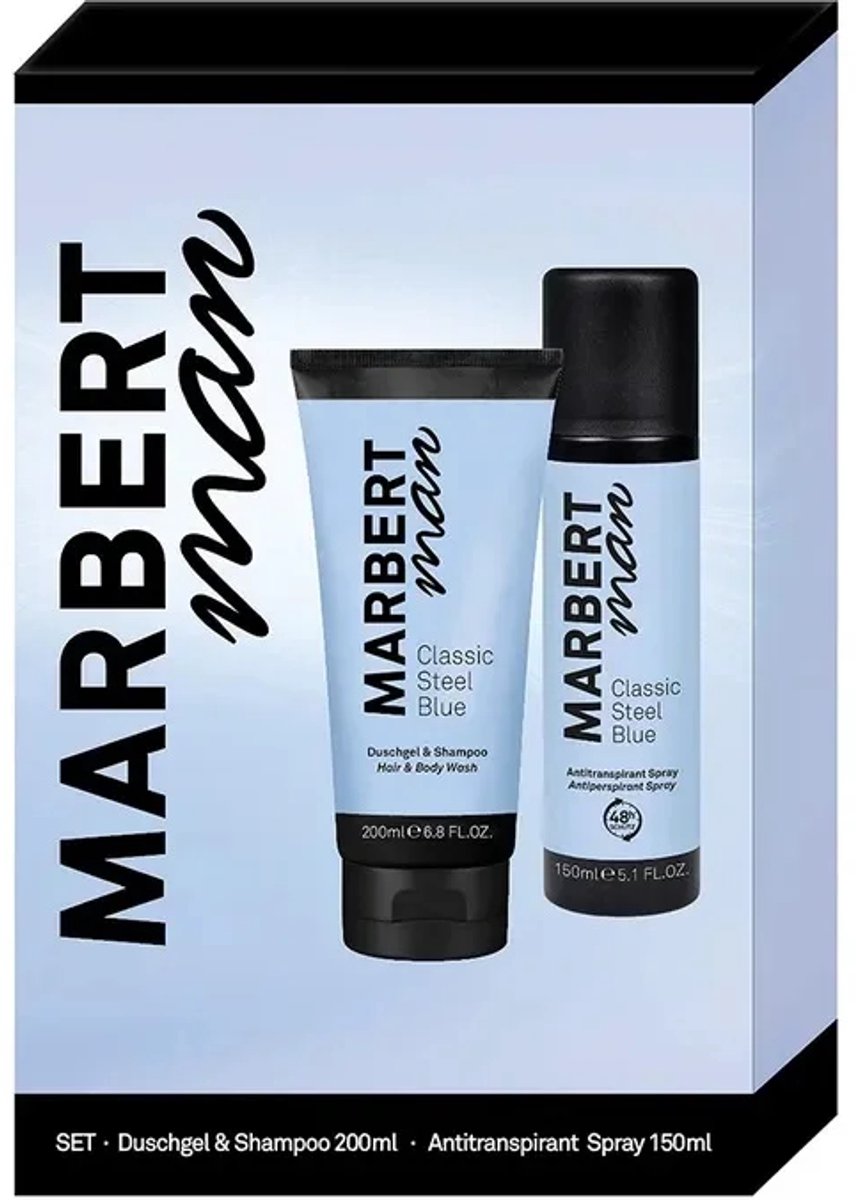 Marbert Man Classic Steel Blue Geschenkset - Douchegel En Shampoo 200 ml - Antitranspirant Spray 150 ml - Heren Verzorgingsset