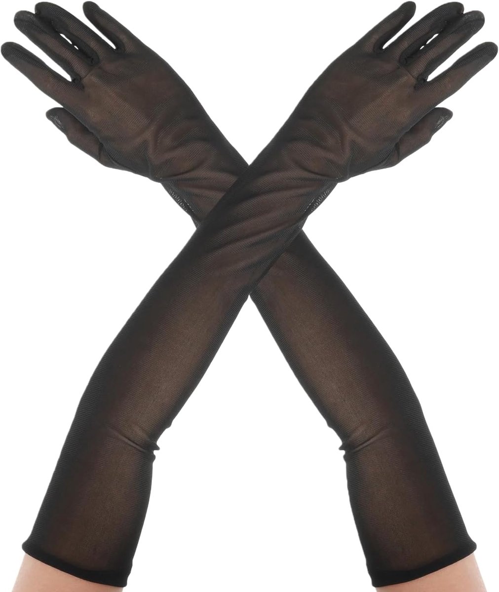 Handschoenen voor dames, lange handschoenen voor dames, transparante lange nethandschoenen, zwart, tule handschoenen, geschikt voor opera, kostuum, feest en eindexamenbal