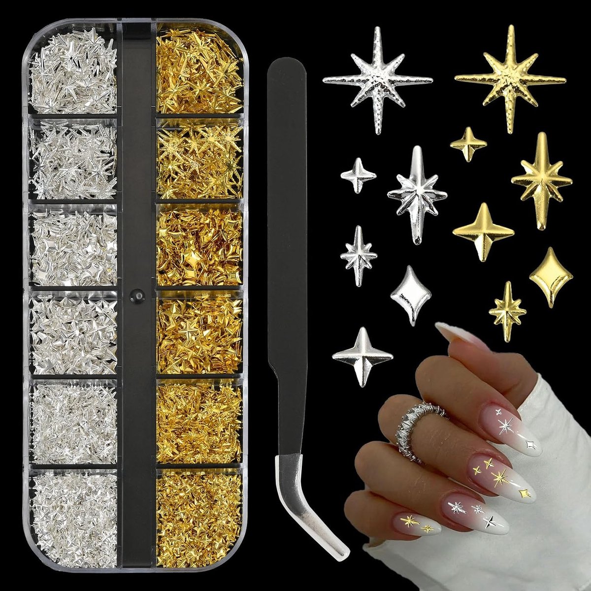 1280 stuks stervormige nagelcharms, zilveren en gouden nagelcharms, nageldecoraties voor DIY 3D nagelkunst, nageldesign accessoires