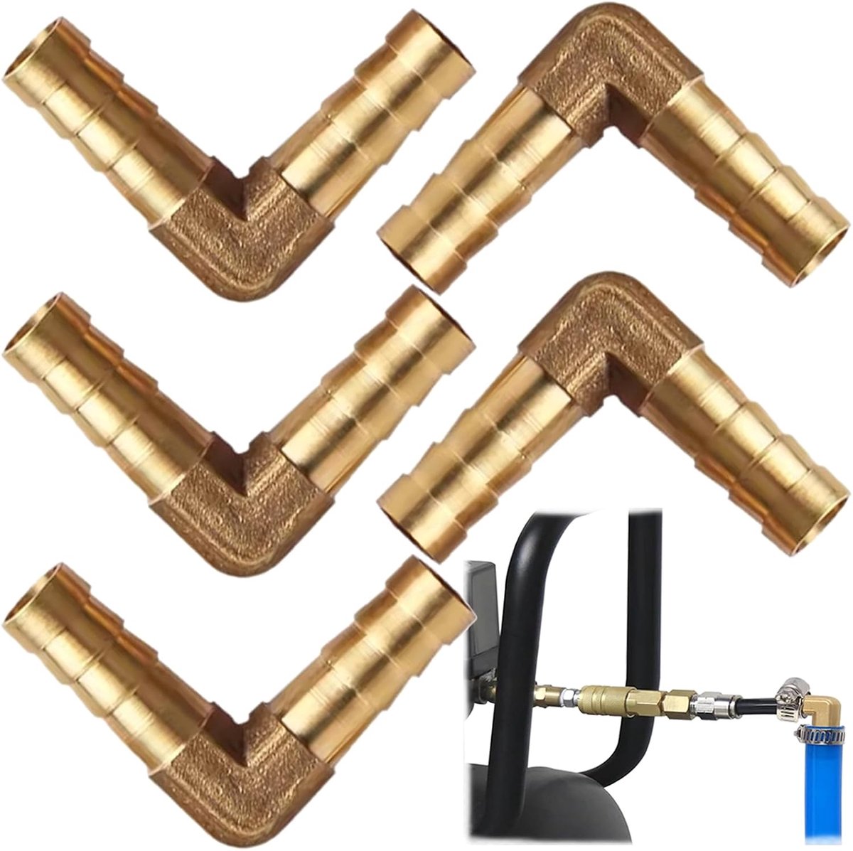 5 stuks messing tongslang, 10 mm, 90 graden gebogen messing, 90 graden, messing pin, slangmontage, voor het aansluiten van lucht, water, olie, brandstof