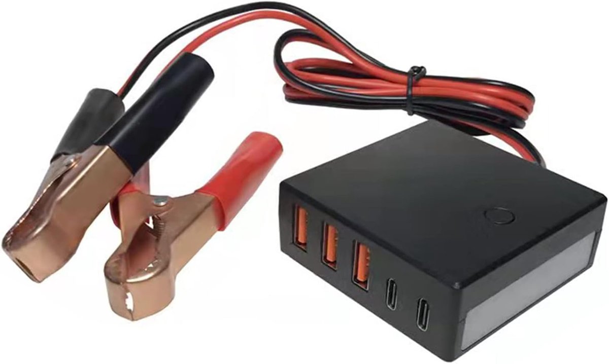 Accuclip converter 12V 24V naar 5V 12A USB converter Buck Regulator totale uitgang 60W met LED noodlicht 3 USB-poorten + 2 Type-C-poorten identificeert automatisch