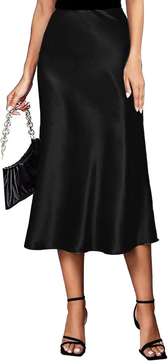 Rok voor dames, met elastische taille, hoge taille, elegant, zijde, maxi, zomer, zakelijke midi-rok