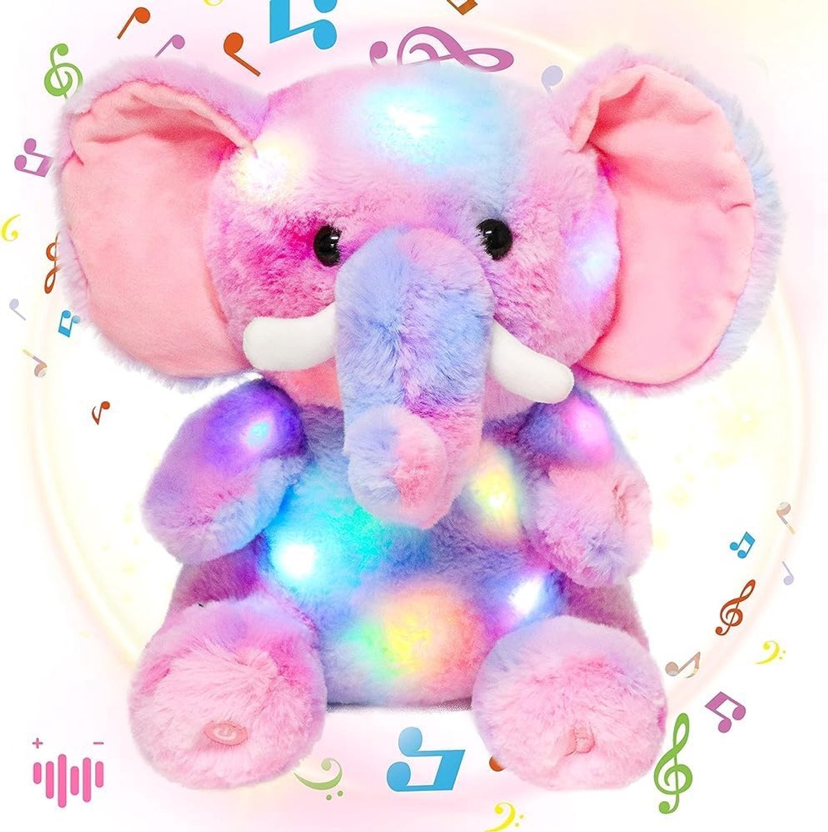 Kleurrijke LED Muzikale Knuffelolifant Licht op Zingende Pluche Olifant Verstelbaar Volume Slaapliedje Geanimeerd Kalmerend Verjaardagsfeest voor Kinderen Peuters, Regenboog, 28 cm