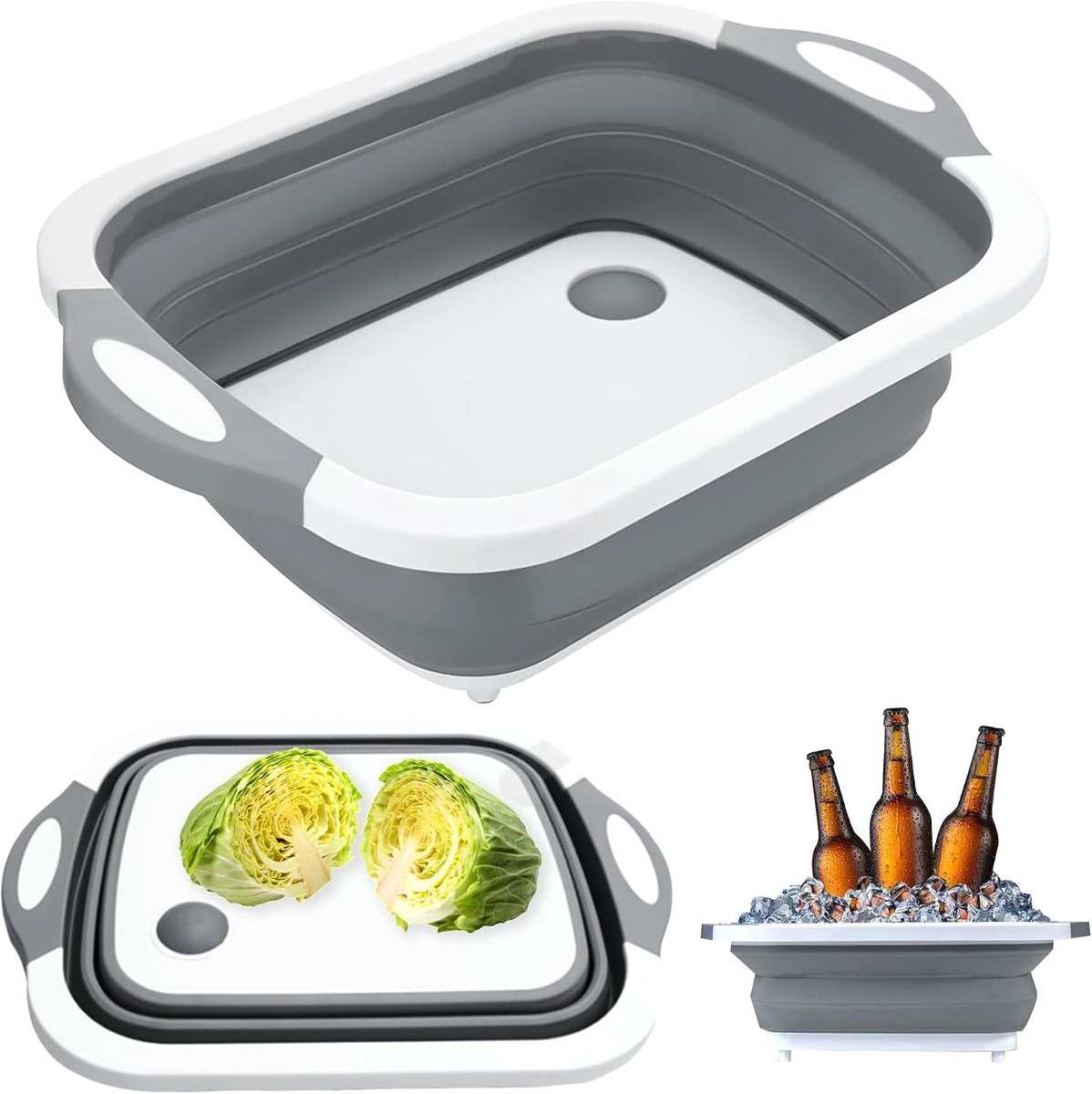 Snijplank, 3-in-1, multifunctionele schaal, afvoermand, draagbare camping, spoelbak, opbergmand, grijs