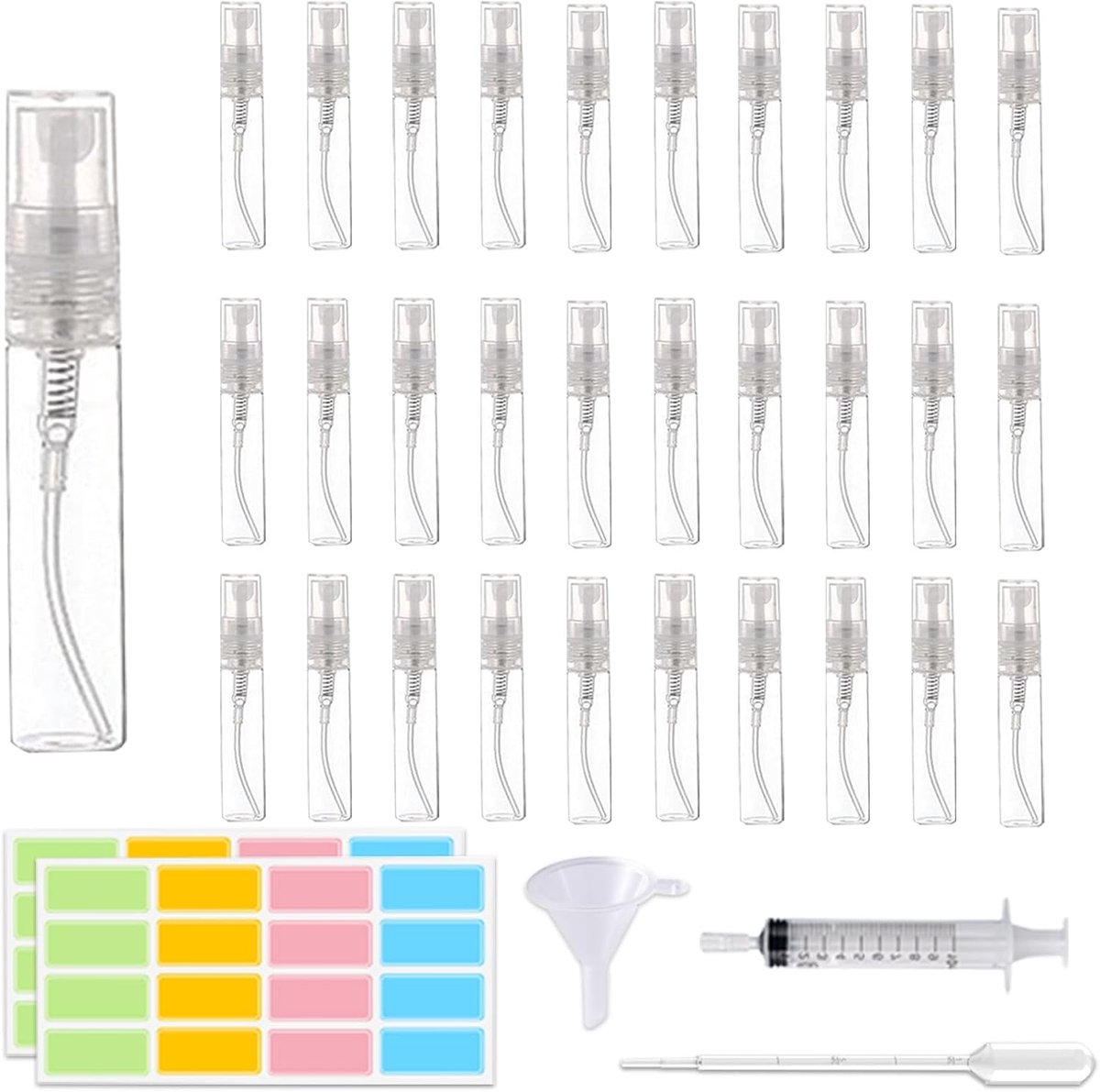 30 stuks Mini Fine Mist spuitflessen, 5 ml, draagbare parfumspray, verstuiver, navulbare monsterfles, voor reizen, parfummonsteraanduiding en het dragen van vloeibare cosmetica