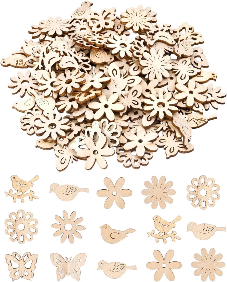 Natuurlijke houten figuren met bloemen en bladeren, perfect voor knutselen, woondecoratie en schilderen - ShopVlot