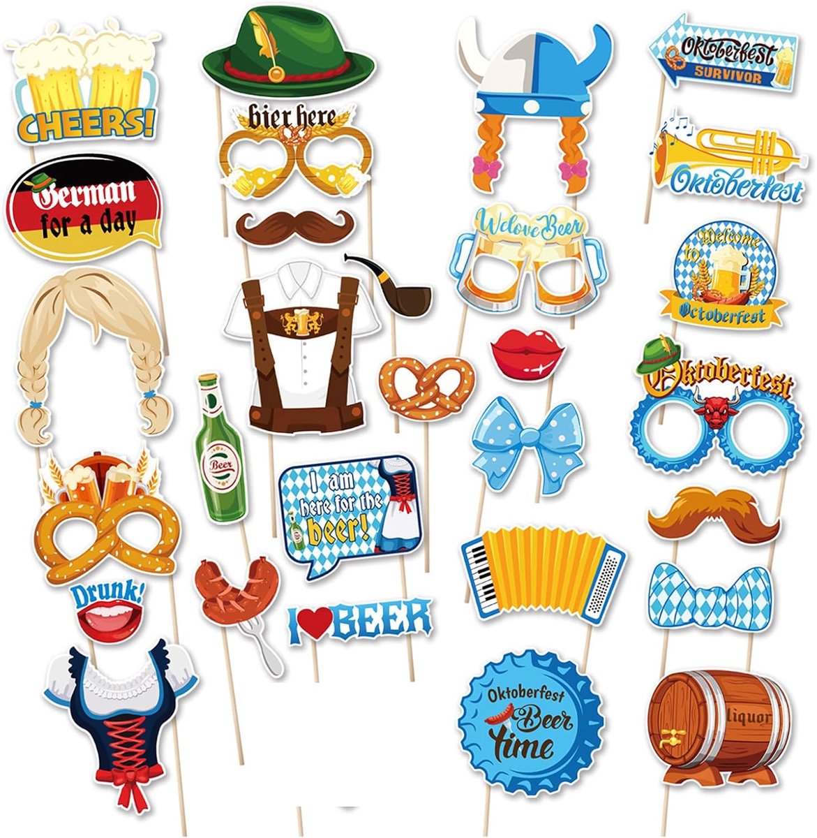 30 stuks Oktoberfest fotoaccessoires - 30 ansichtkaarten + 30 sticks + plakstippen, voor fotobooth, party, bierfeest - ShopVlot