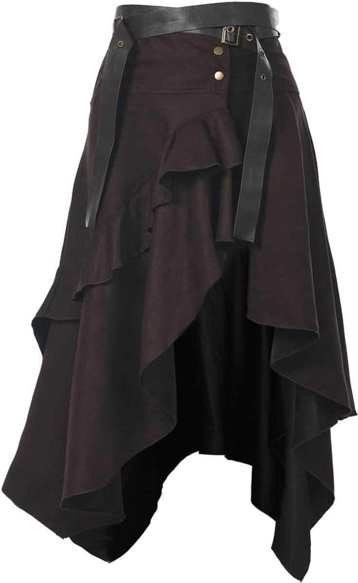 Vintage Suede Skirt for Women Gothic Punk Style Irregular Ruffles High Waist A-line Skirt with Belt - ShopVlot