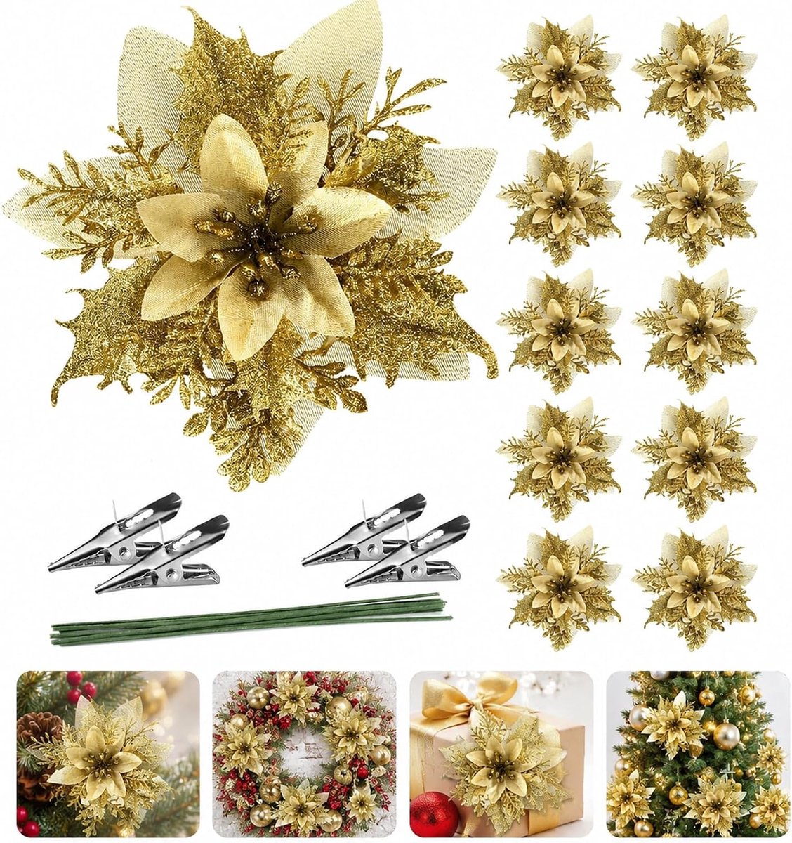 12 stuks 14 cm gouden kunstkerstster bloemen met stelen en clips glitter poinsettia decoratie voor kerstboom, Kerstmis, adventskrans en winterfeest