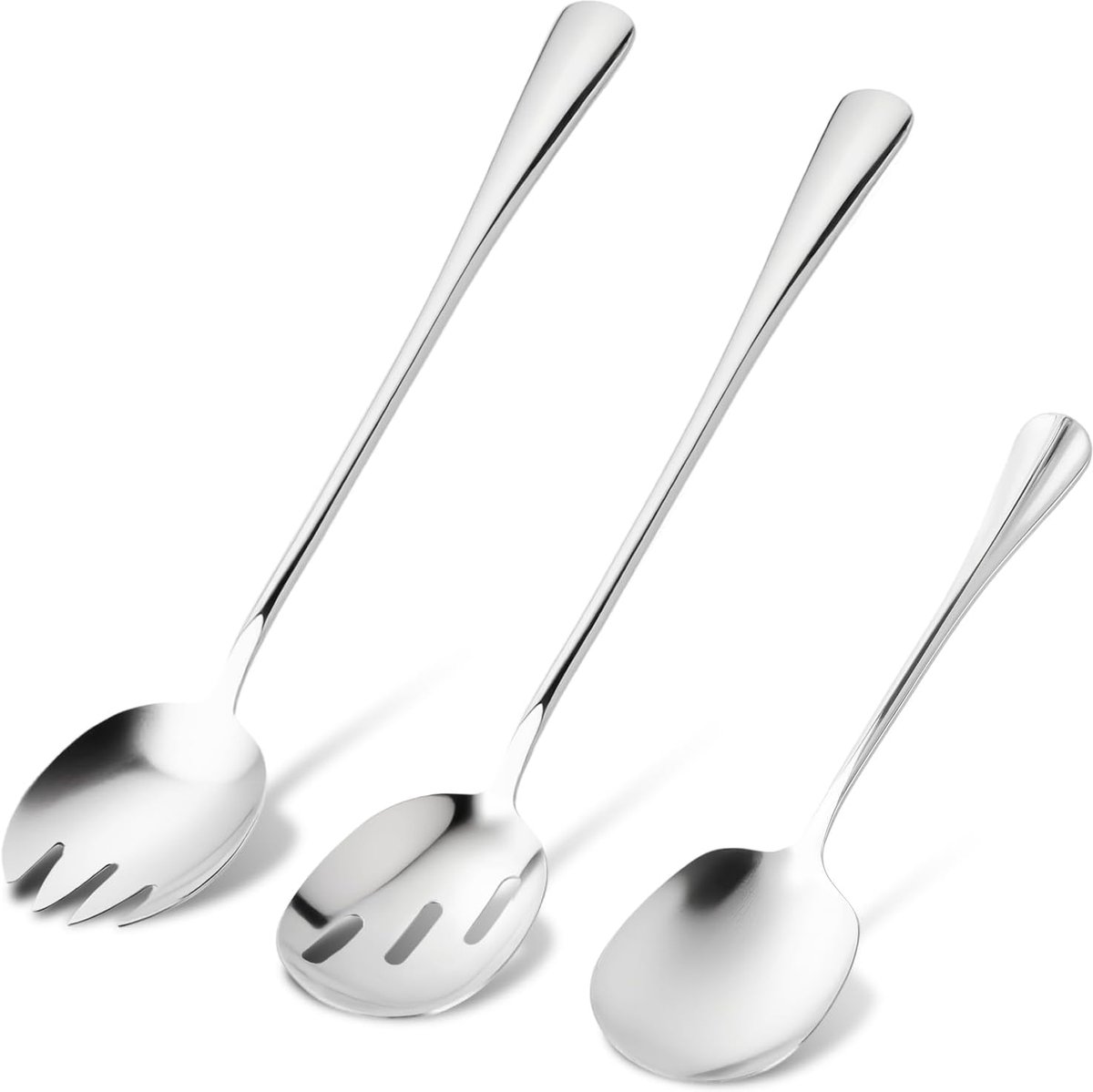 Set van 3 roestvrijstalen kookgerei – saladebestek met serveerlepel, geboorde lepel en serveervork – lengtes 28 cm en 20,5 cm voor eenvoudig serveren van levensmiddelen