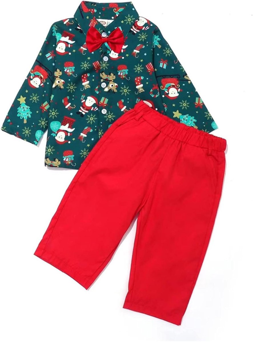 Kerstmis peuter jongens cartoon lange mouwen gentleman overhemd top solide broek broek kerstoutfit 2-delige kleding