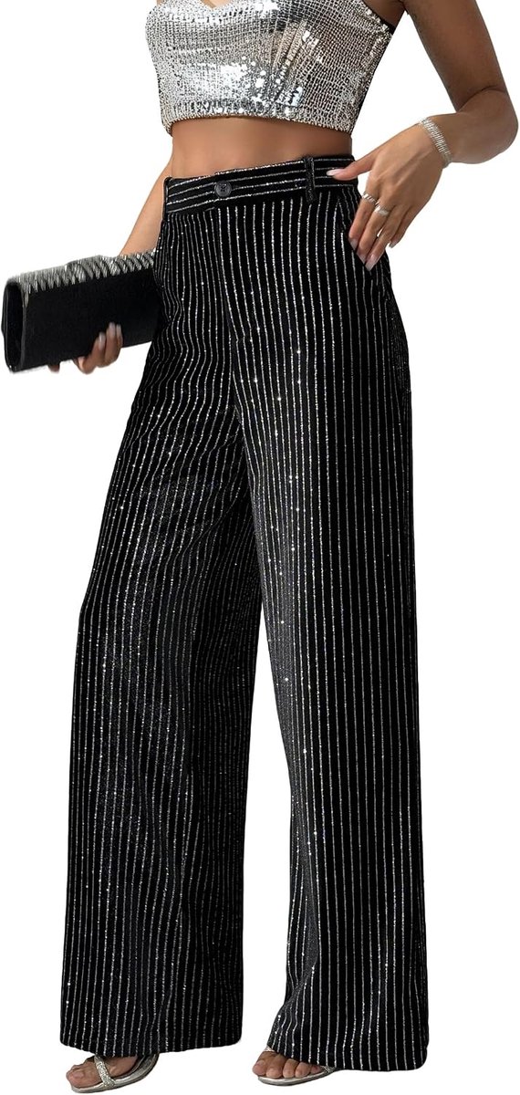 Fluwelen Strass Gestreepte Broek Herfst Dikke Wijde Pijpen Broek Glanzend Sparkle Glitter Party Clu