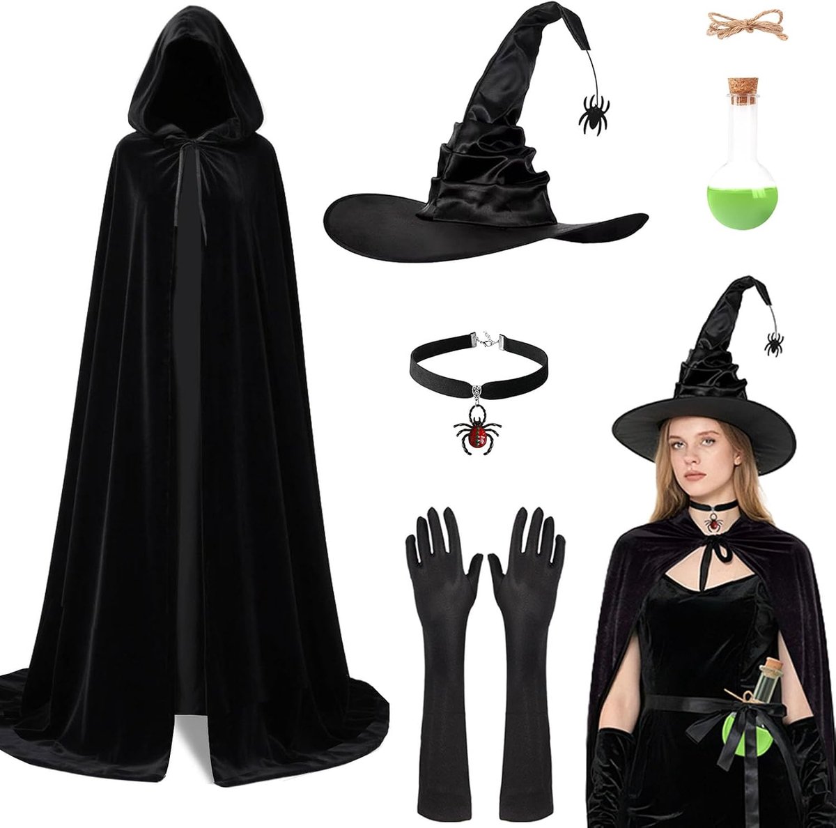 5-Delige Halloween Kostuumset Dames: Heksenkostuum met Cape Capuchon,Heksenhoed,Lange Handschoenen,Gothic Heksenaccessoires Toverdrankfles,140 cm Zwarte Heksenmantel voor Halloween,Carnaval Feestjes