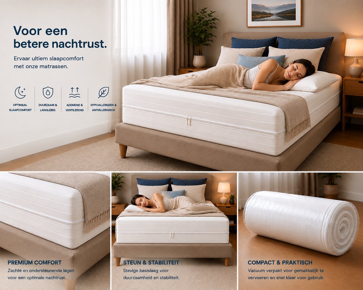 FITBERTH 140x200x16 Matras - Medium - HY33 - Premium - Orthopedisch Verantwoord - Ventilerend - Ergonomische Ondersteuning - Afritsbaar - Wasbaar wit