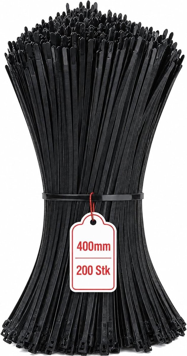Hersluitbare kabelbinders, 200 stuks, zwart, UV-bestendig, 7,5 mm x 400 mm, herbruikbaar voor kabelbeheer, tuinieren en werkplaatsgebruik