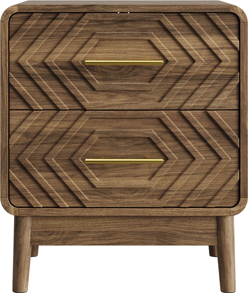 Ropilly Nachtkastje Walnoot Bruin met 2 Lades - Bedtafeltje met Opbergruimte - MDF Nachtkastje voor Slaapkamer - 3D Reliëf Design - 48x38x56 cm Notenbruin